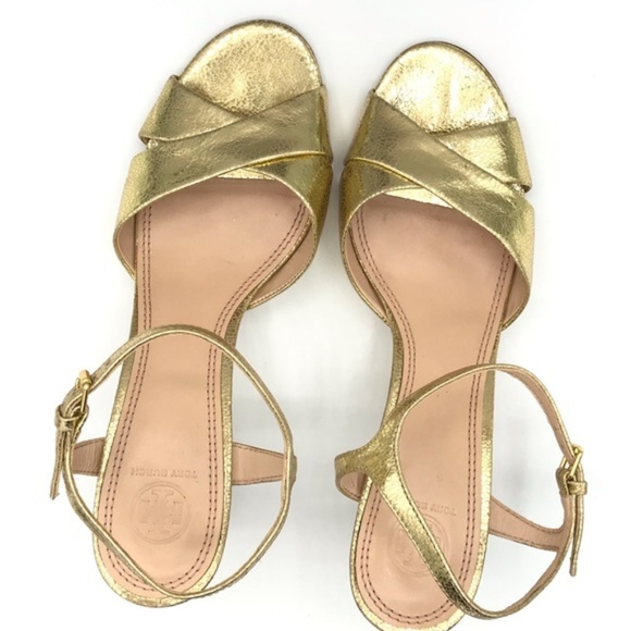 Tory Burch Shayley Mirror Gold Craquelee Heeled Sandal Shoes Size 10.5 - Picture 4 of 8